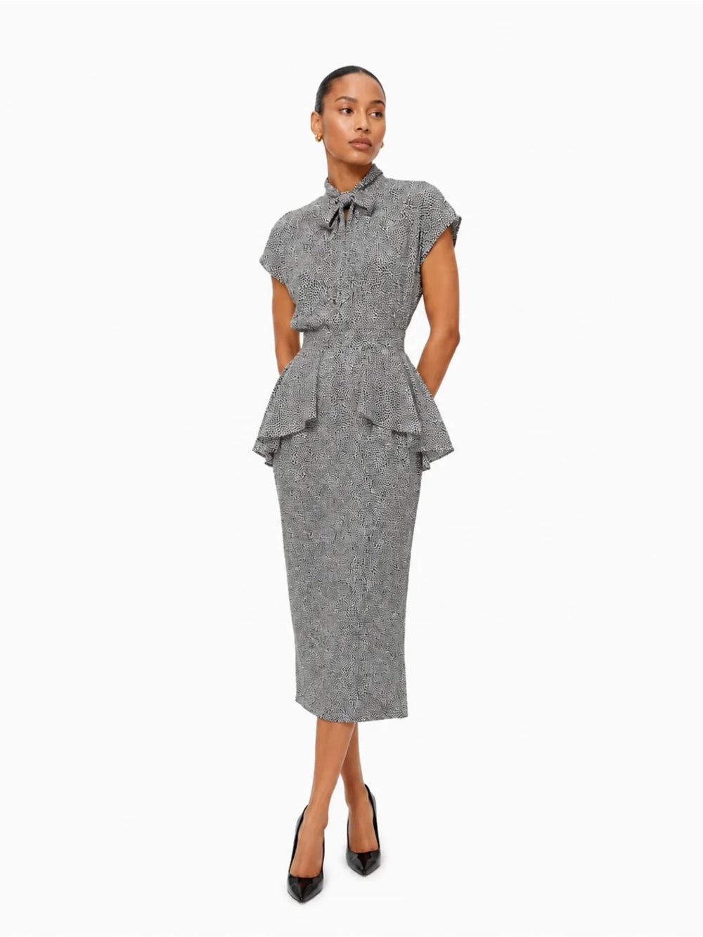 Vintage Kristin Allen black & white speckled peplum midi dress with neck tie